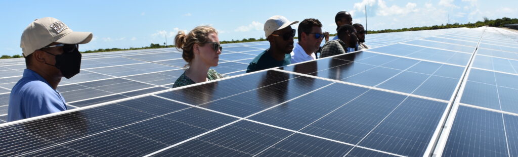 people standing amongst solar panels